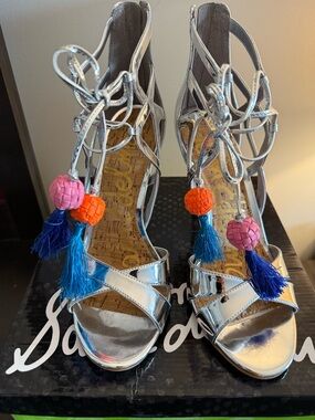 Metallic Silver Lace-Up Sandals with Colorful Tassels